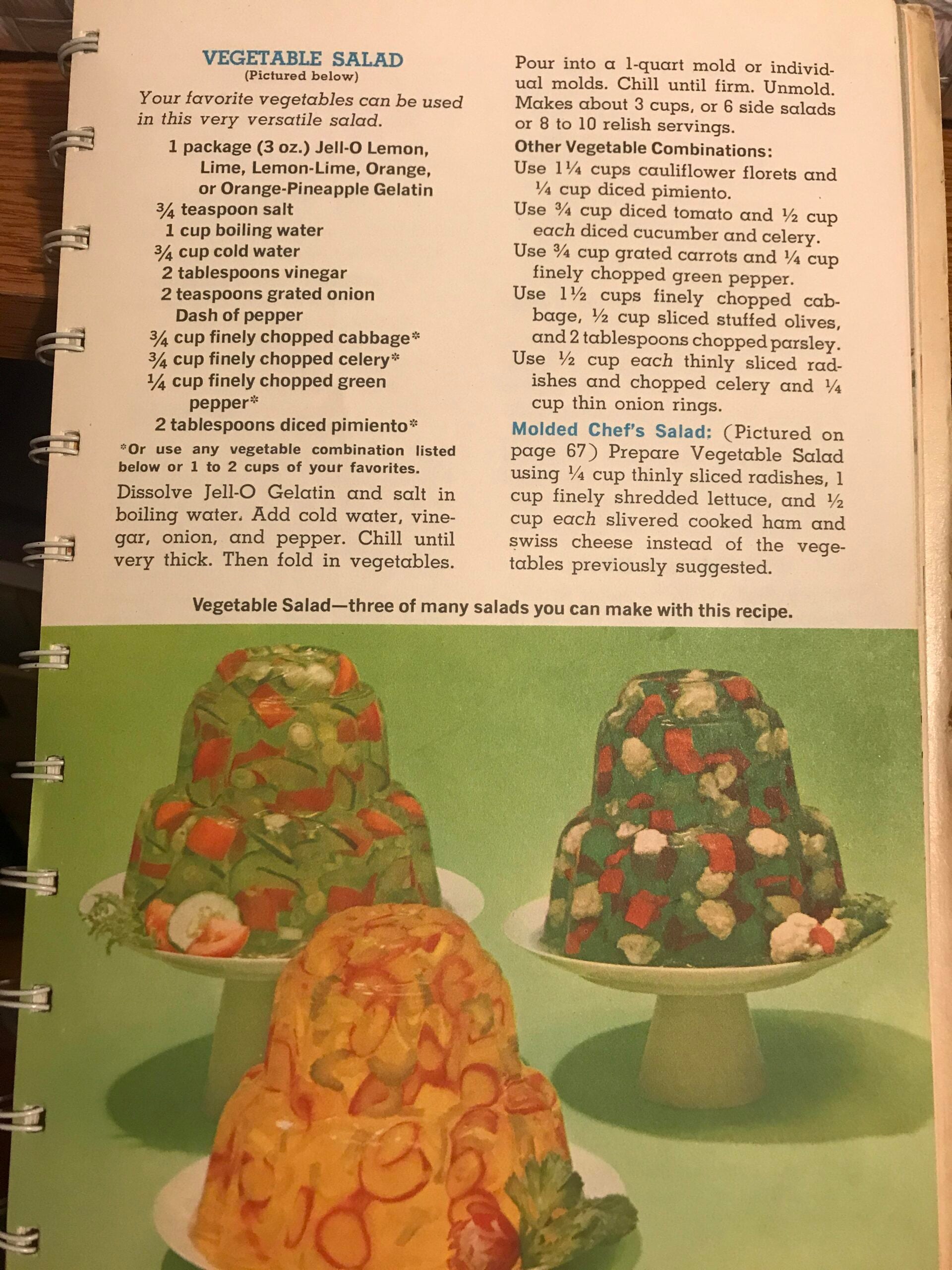 A vintage cookbook page shows a recipe for "Vegetable Salad" using Jell-O and featuring three molded gelatin salads with vegetables. The bottom half displays colorful, molded salads with mixed vegetables on a green platter.