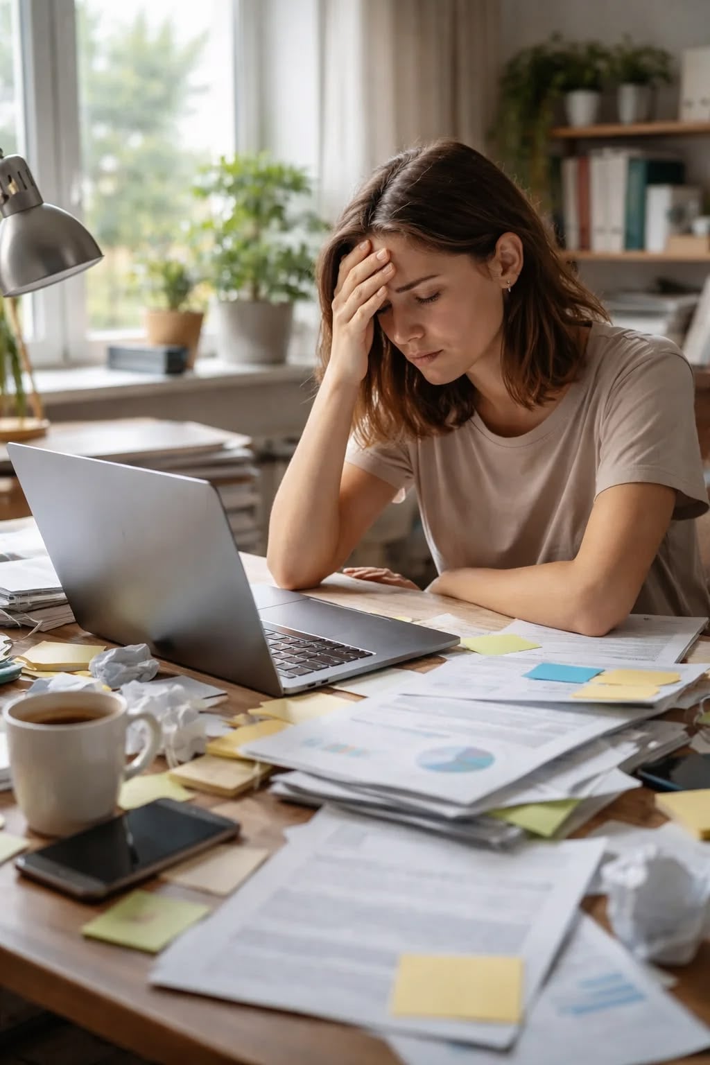 A woman sits at a cluttered desk with papers, a laptop, coffee, and sticky notes, holding her head in her hand and appearing stressed or overwhelmed while working from home.