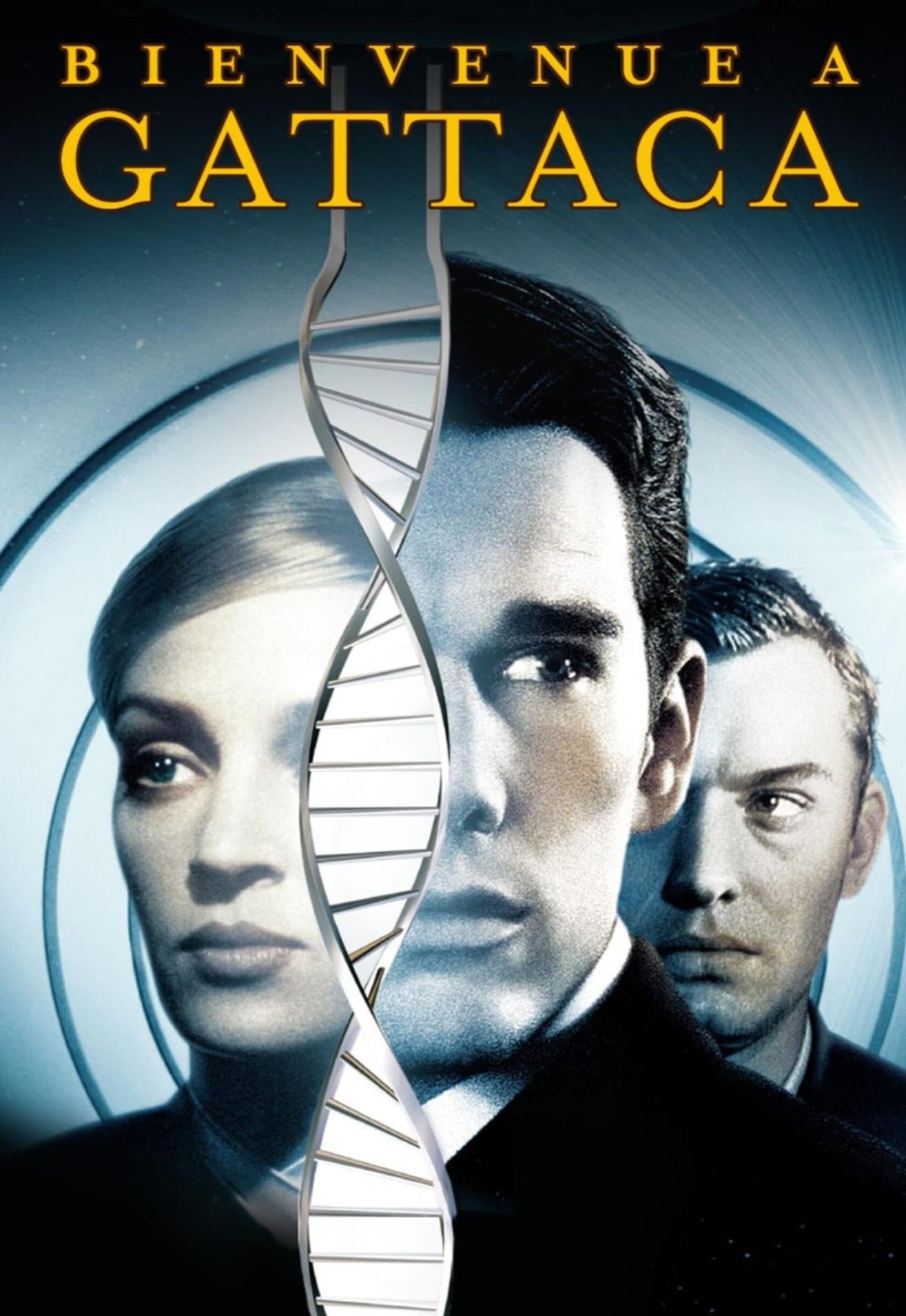 Poster for the film "Bienvenue à Gattaca" showing three serious people behind a large DNA double helix strand, with stylized circles in the background and the title text at the top.