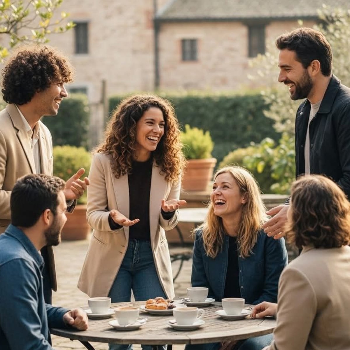 Six people gather outdoors around a small table with coffee cups and pastries, smiling and laughing together in a relaxed, friendly atmosphere. Trees and a building are in the background.