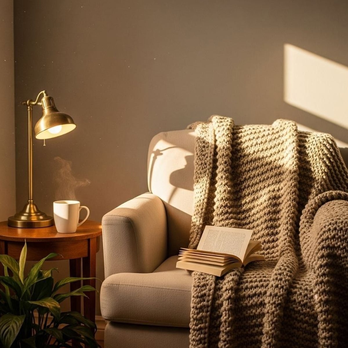 A cozy armchair draped with a knitted blanket sits beside a small table with a steaming mug and a lamp. An open book rests on the chair, and sunlight streams in, creating a warm and inviting atmosphere.