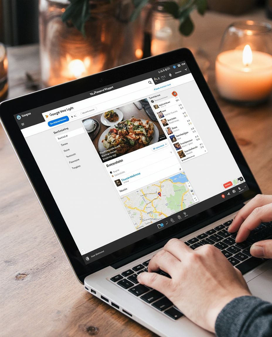 A person types on a laptop showing a restaurant listing with food photos, reviews, and a map on the screen. Candles and a plant are on the wooden table beside the laptop.