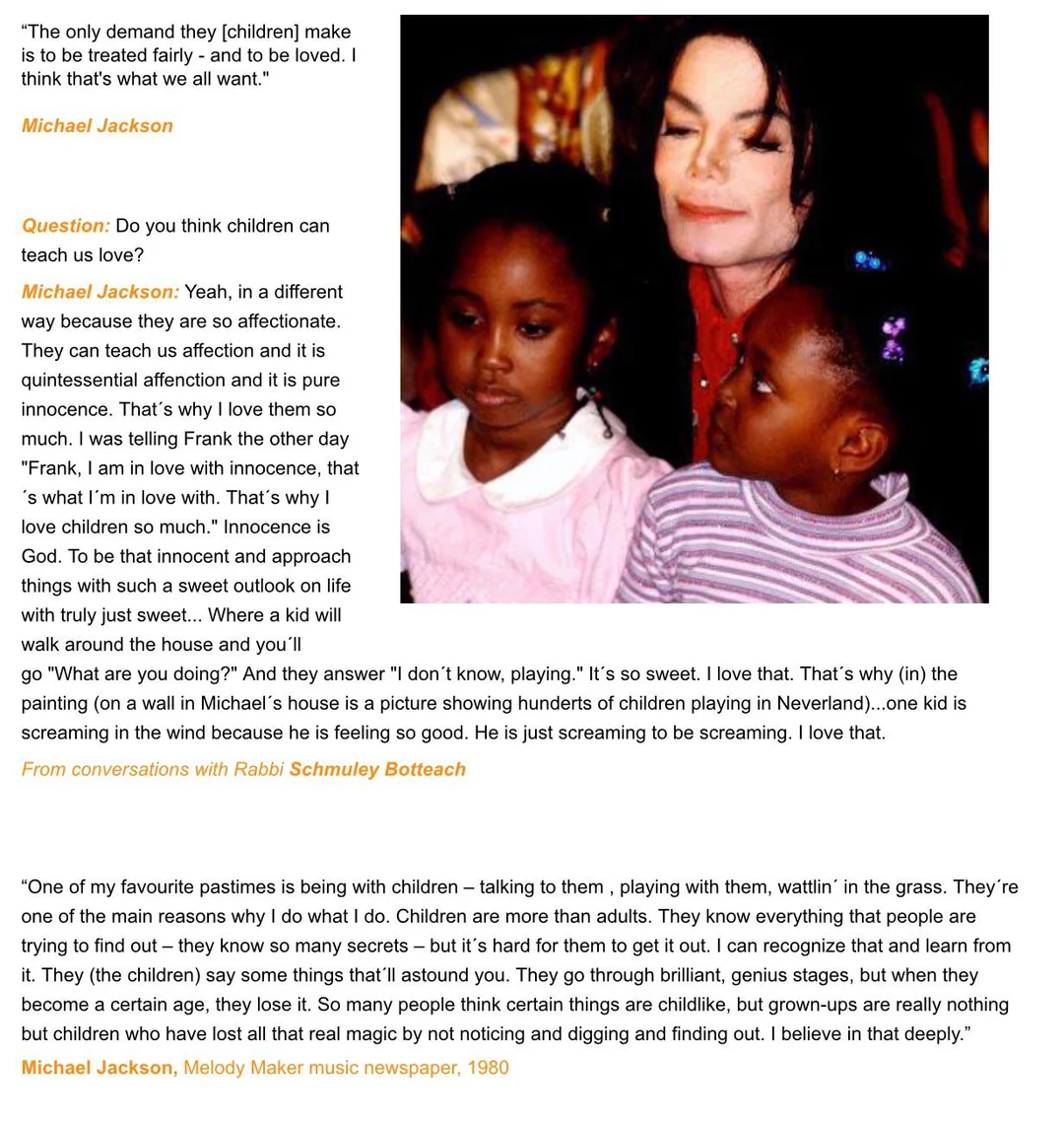 A collage features quotes from Michael Jackson about children and love, his photo smiling in a white shirt, and highlighted text with a child's photo in the background. Text sections discuss his views on childhood and parental affection.
