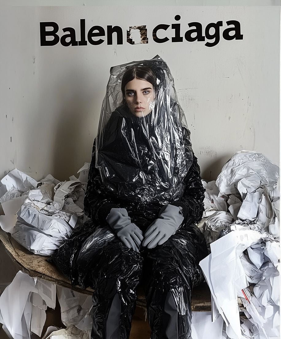 A person wearing a black outfit and gray gloves is wrapped in clear plastic, sitting amid crumpled papers, beneath a "Balenciaga" logo with a torn letter. The scene has a surreal, avant-garde fashion vibe.
