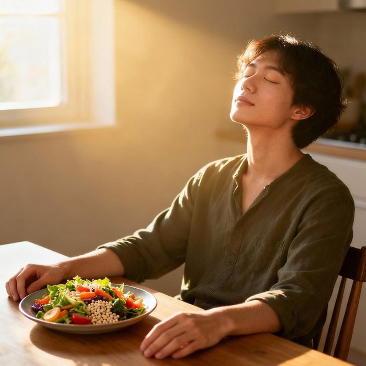 A person sits at a wooden table with a plate of salad, eyes closed and face turned toward warm sunlight streaming through a window, appearing calm and content.