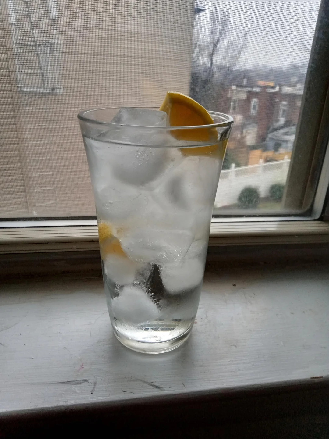 A tall glass filled with ice cubes and water, garnished with a wedge of lemon, sits on a windowsill with a view of buildings and a cloudy sky outside.