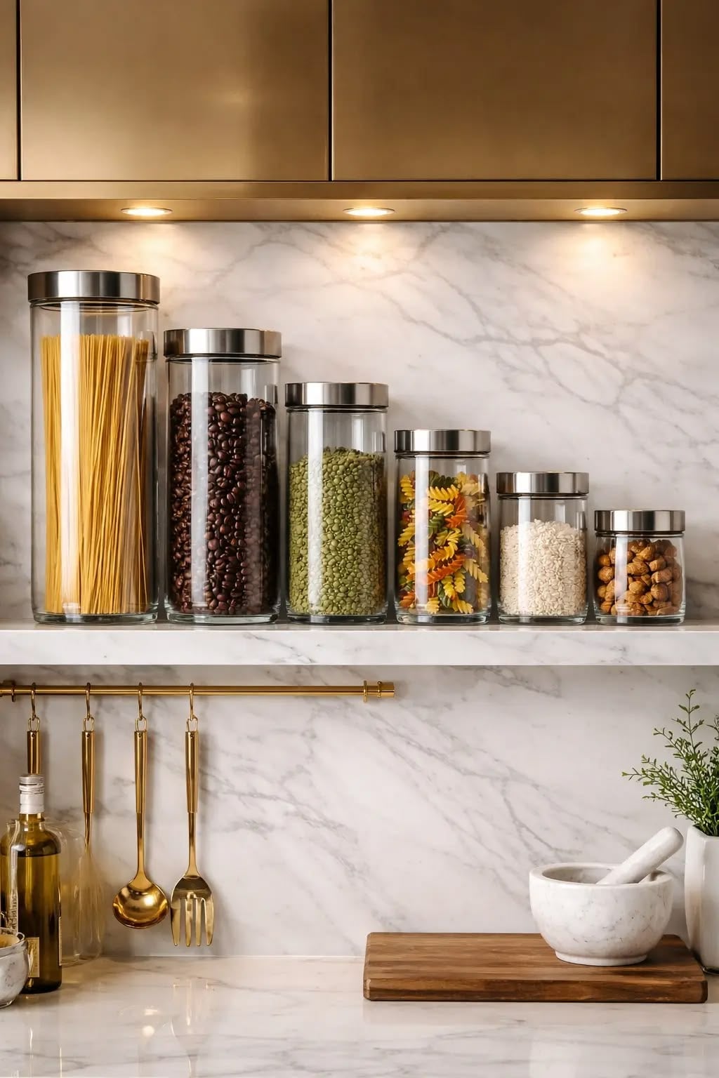 Six glass jars with silver lids, filled with pasta, coffee beans, green lentils, dried flowers, rice, and almonds, are neatly arranged on a white marble kitchen shelf under cabinets, with utensils and kitchen items nearby.