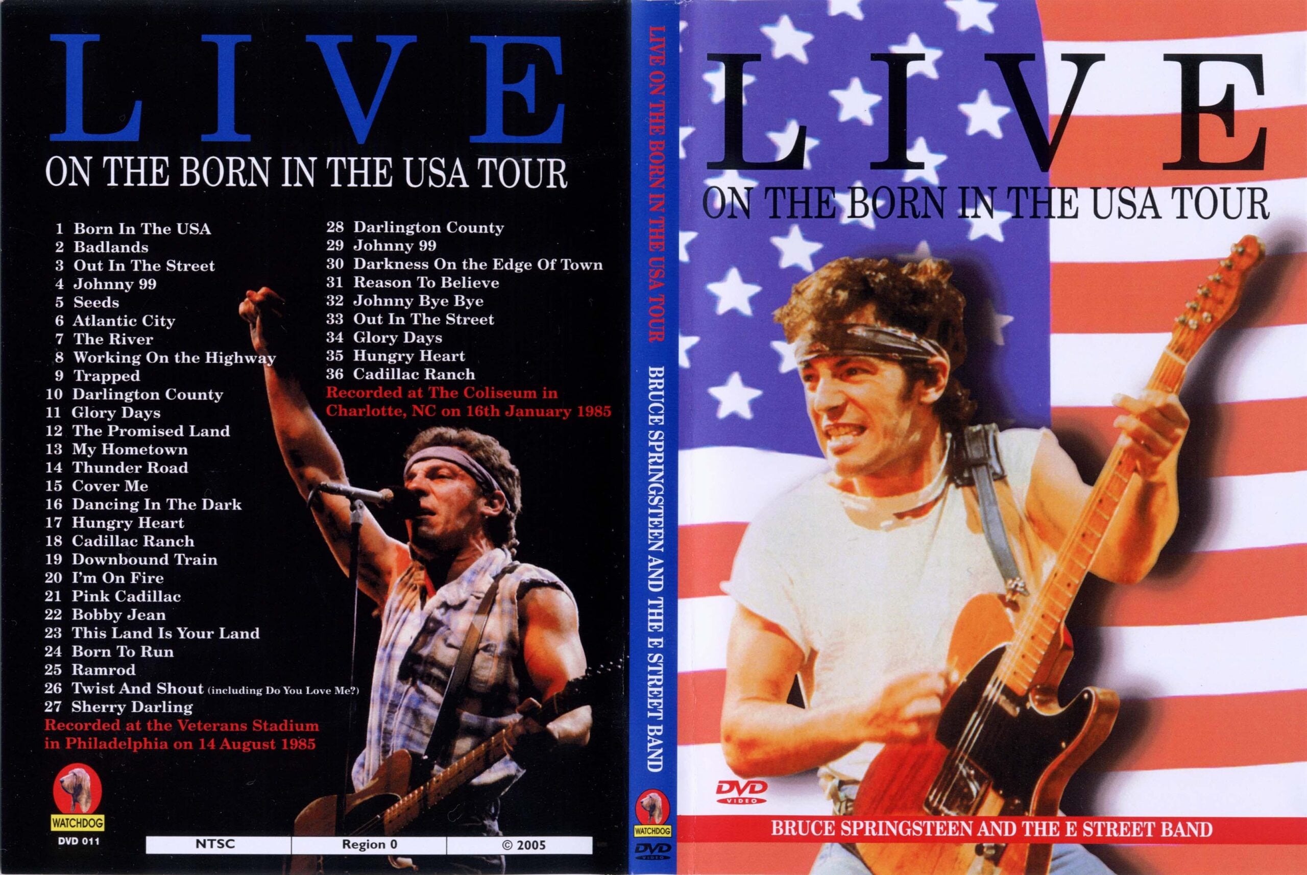 DVD cover for “Live on the Born in the USA Tour” by Bruce Springsteen and the E Street Band, featuring a song list and two photos of Springsteen performing with a guitar and a headband.