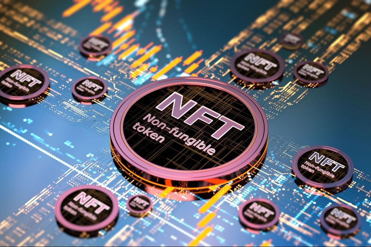Digital illustration showing several metallic coins labeled "NFT Non-Fungible Token" interconnected by circuit-like lines, with data graphs in the background, representing blockchain and digital assets.