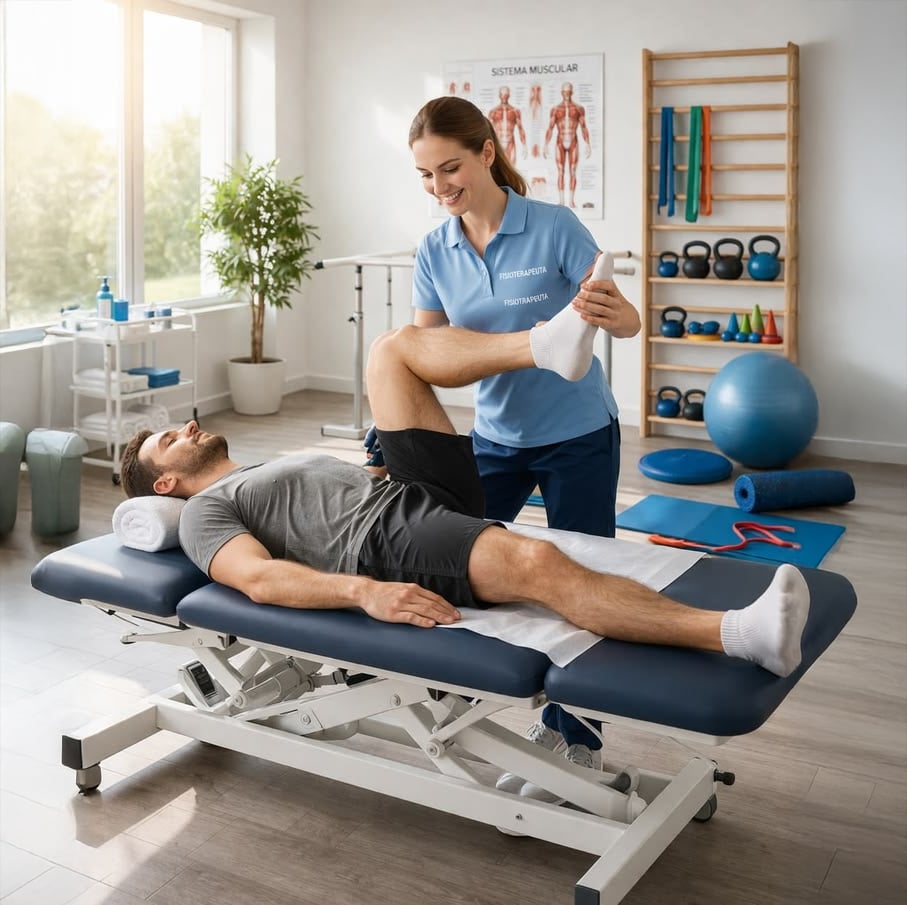 A physical therapist helps a male patient stretch his leg on a treatment table in a bright, modern clinic with exercise equipment and anatomy posters in the background.
