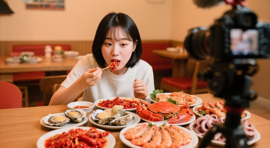 A woman sits at a table covered with seafood dishes, eating with chopsticks in front of a camera, likely recording a food video in a restaurant setting.