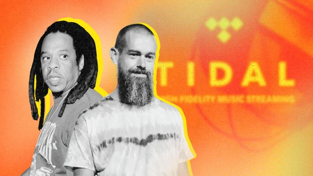 Two men stand in front of an orange background with the Tidal logo and the words "HiFi Music Streaming." The image uses a high-contrast, collage style with a yellow outline around the men.