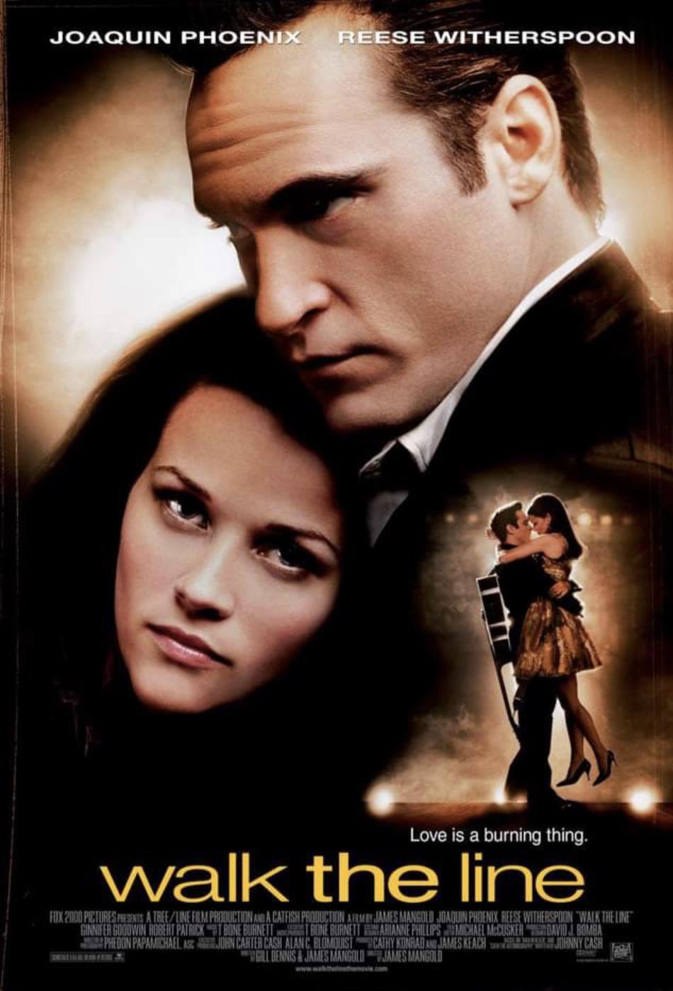 Movie poster for "Walk the Line" featuring Joaquin Phoenix and Reese Witherspoon. Their faces appear close together, with a smaller image of them embracing and singing on stage. Title and credits are at the bottom.