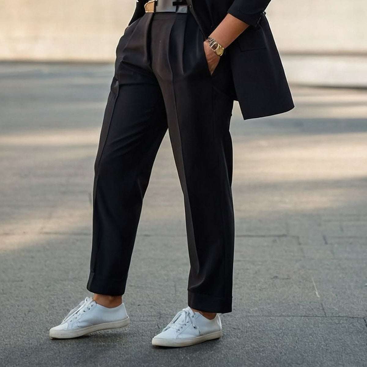 A person stands outdoors wearing black tailored trousers, a matching blazer, a watch, and white sneakers. The upper body and face are not visible in the image.
