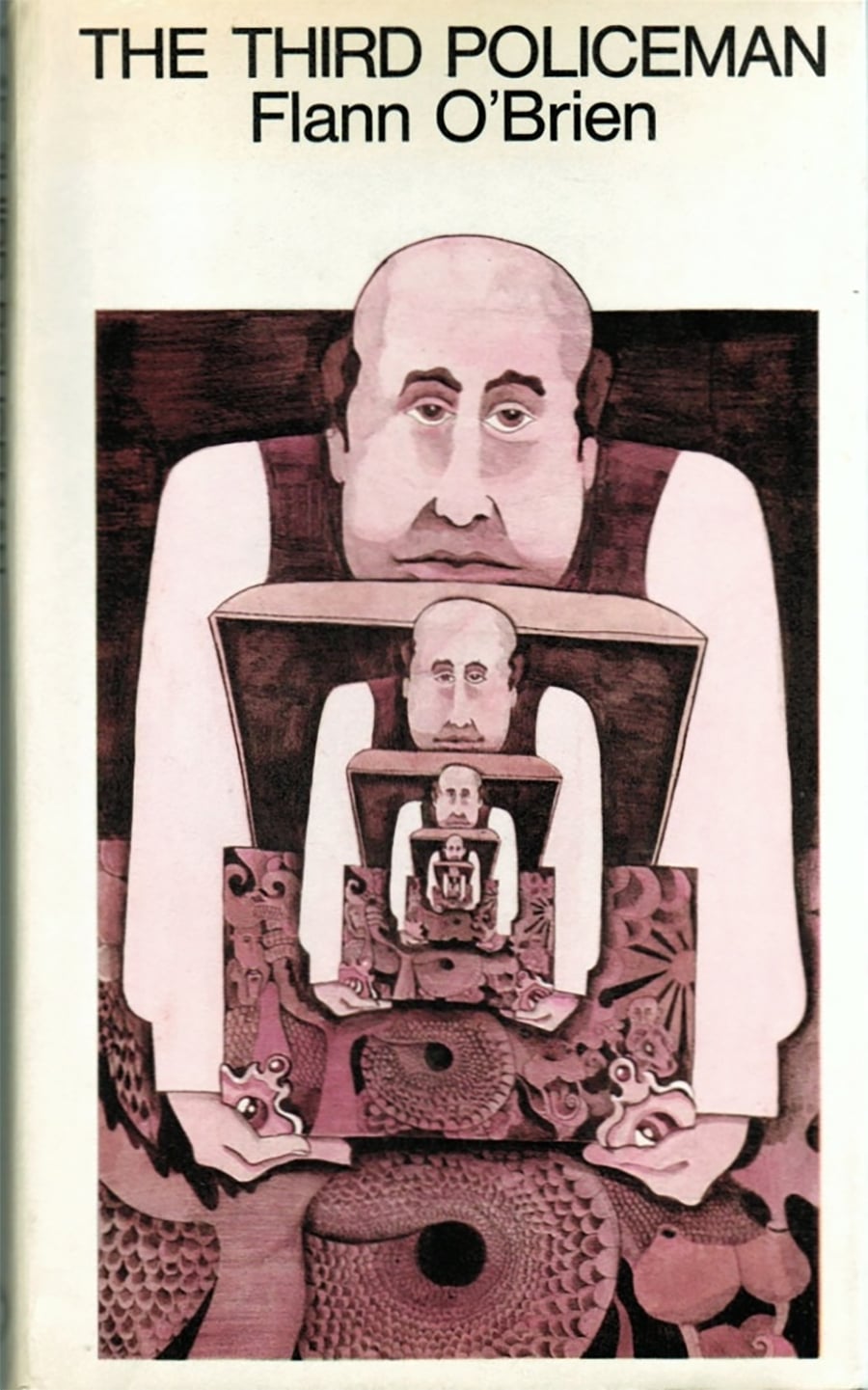 Book cover of "The Third Policeman" by Flann O’Brien, featuring an illustration of a man holding a box, with smaller versions of himself and the box repeating infinitely inside. The background is maroon with abstract patterns.