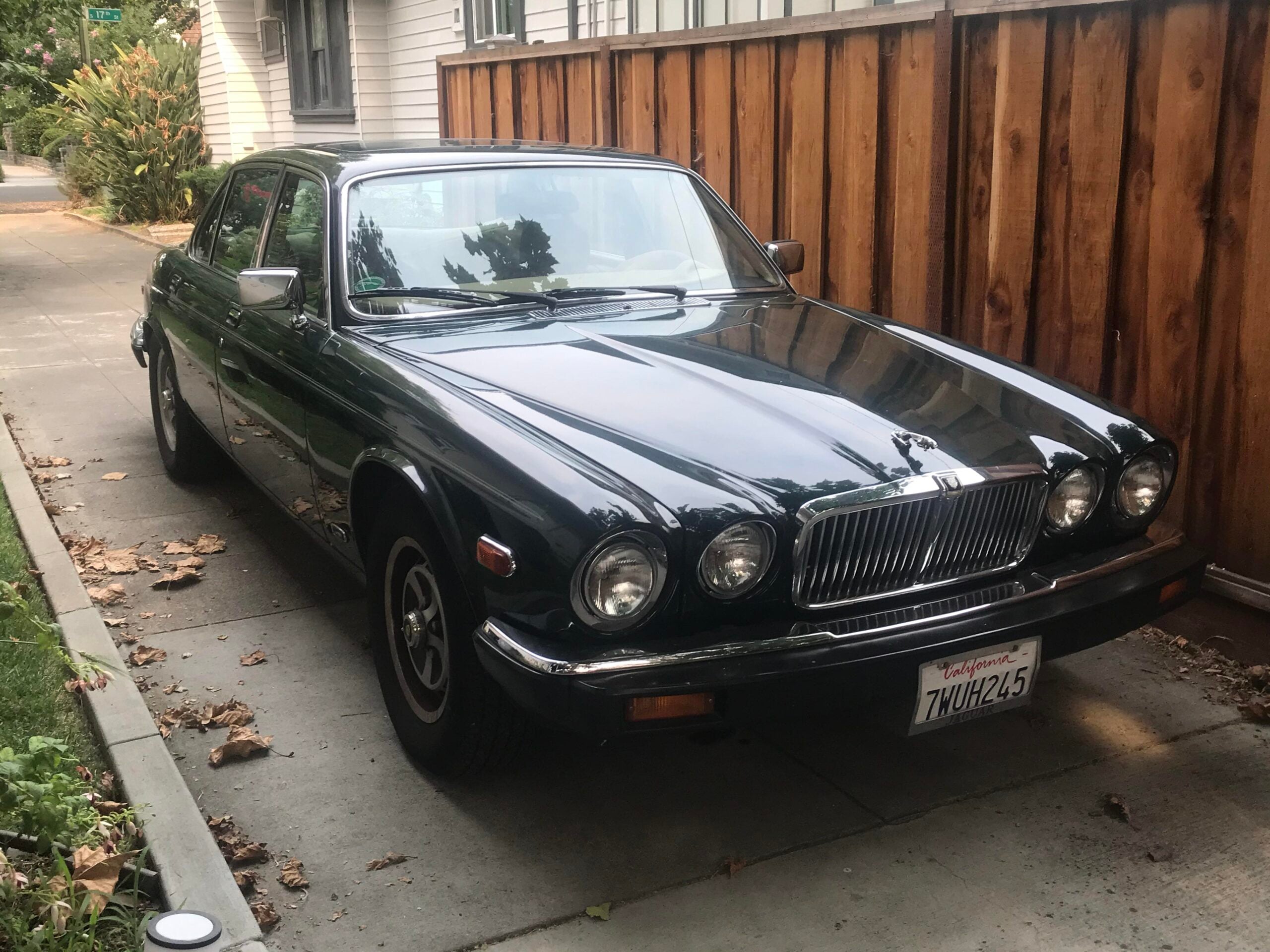 A classic dark green Jaguar sedan with chrome details is parked in a driveway next to a wooden fence and a house. The car has a California license plate and leaves are scattered on the ground nearby.