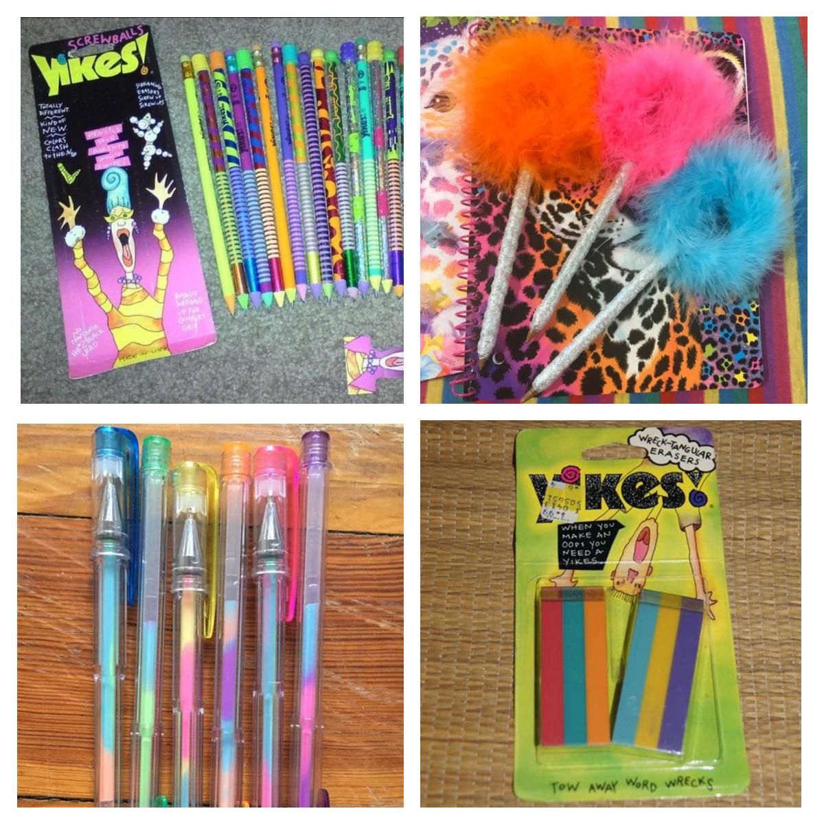 A collage of 1990s colorful stationery, including patterned pencils, fluffy pens, neon gel pens, and a "Yikes!" brand eraser set, all featuring vibrant colors and bold designs.