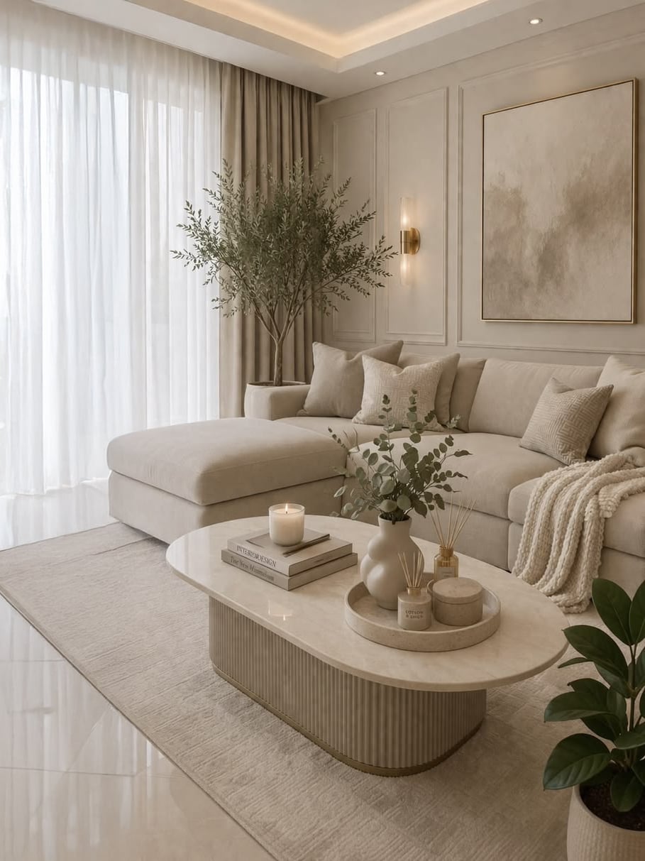 A modern, neutral-toned living room with a beige sectional sofa, large abstract wall art, a coffee table with books, candles, and vases, sheer curtains, an indoor tree, and soft, natural lighting.