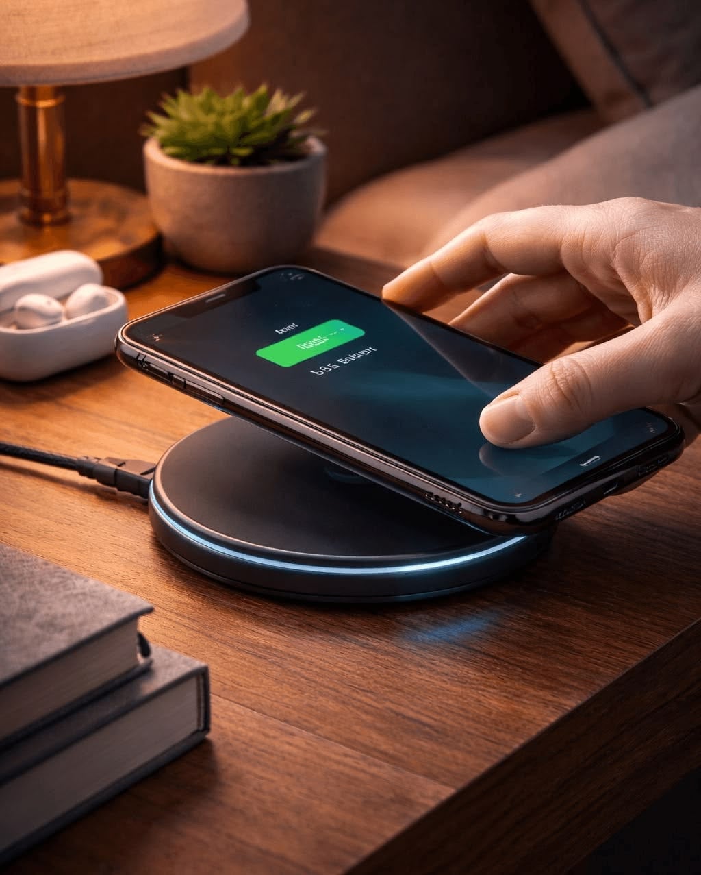 A hand places a smartphone on a wireless charging pad on a wooden desk, next to books, a lamp, a potted plant, and wireless earbuds. The phone screen shows that it is charging.