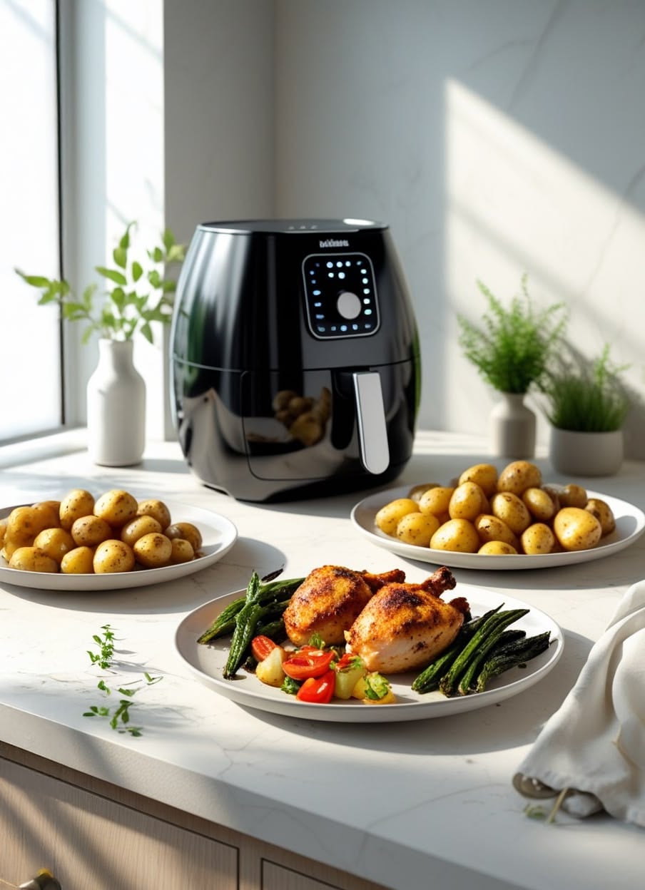 A modern air fryer sits on a kitchen counter behind three plates of food: two with small roasted potatoes and one with roasted chicken, green beans, tomatoes, and potatoes. Sunlight streams through a nearby window.