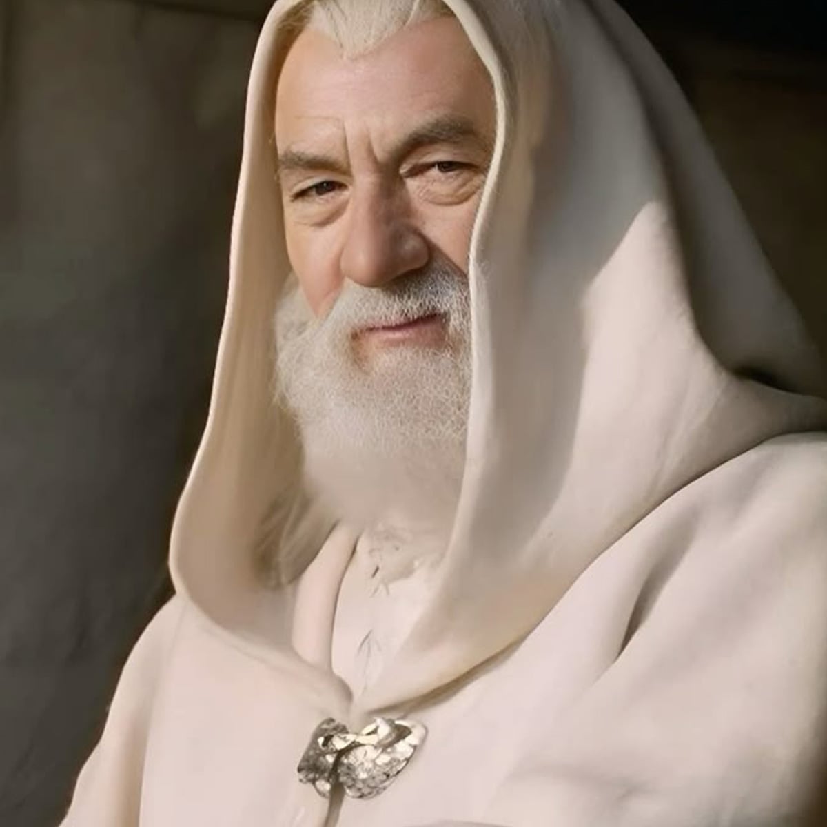An elderly man with a white beard and eyebrows wears a hooded, white robe fastened with a brooch. He gazes calmly forward, with a gentle expression, against a plain, soft background.