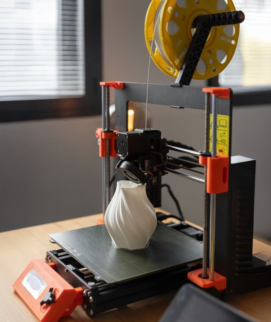 A 3D printer is printing a white, intricately patterned vase. Yellow filament is loaded on top of the printer, which sits on a wooden desk in a well-lit room with a window.