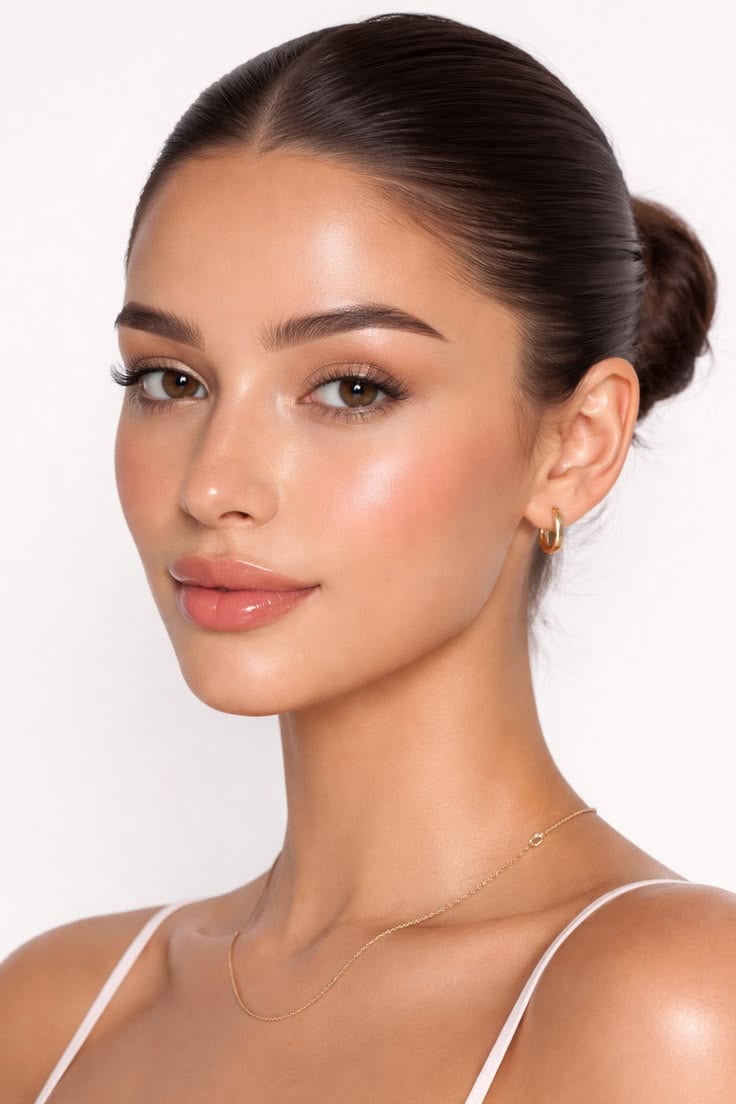 A woman with smooth, glowing skin and natural makeup poses against a light background. Her dark hair is neatly pulled back into a low bun, and she wears gold hoop earrings and a delicate gold necklace.
