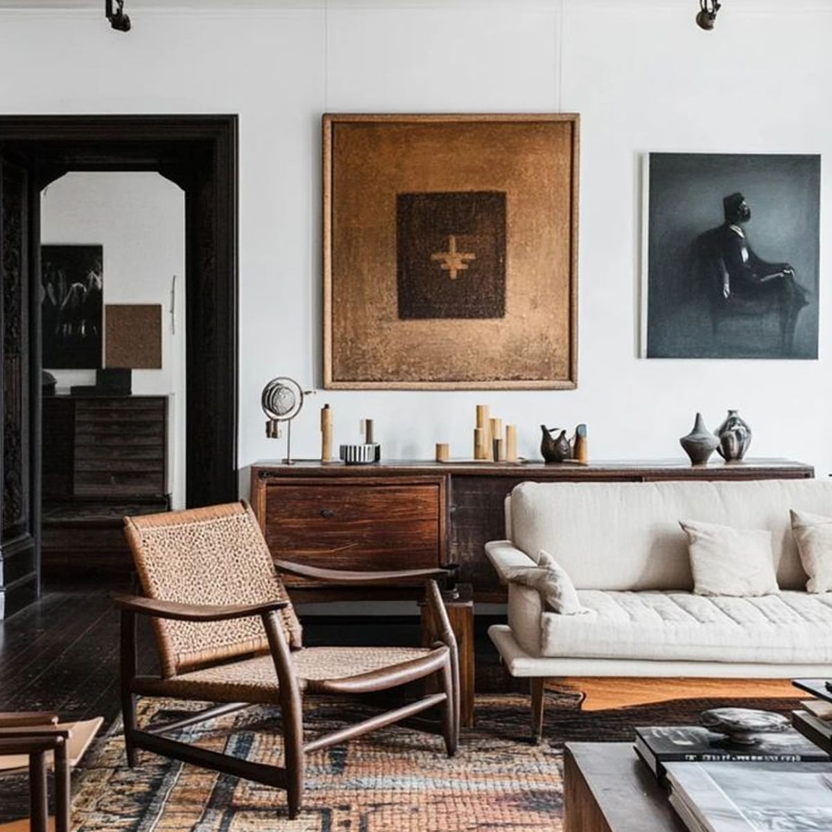A mid-century modern living room features a woven lounge chair, a light sofa, a patterned rug, a wooden sideboard with decor, and minimalist artwork on white walls. Warm, neutral tones create a cozy, stylish atmosphere.