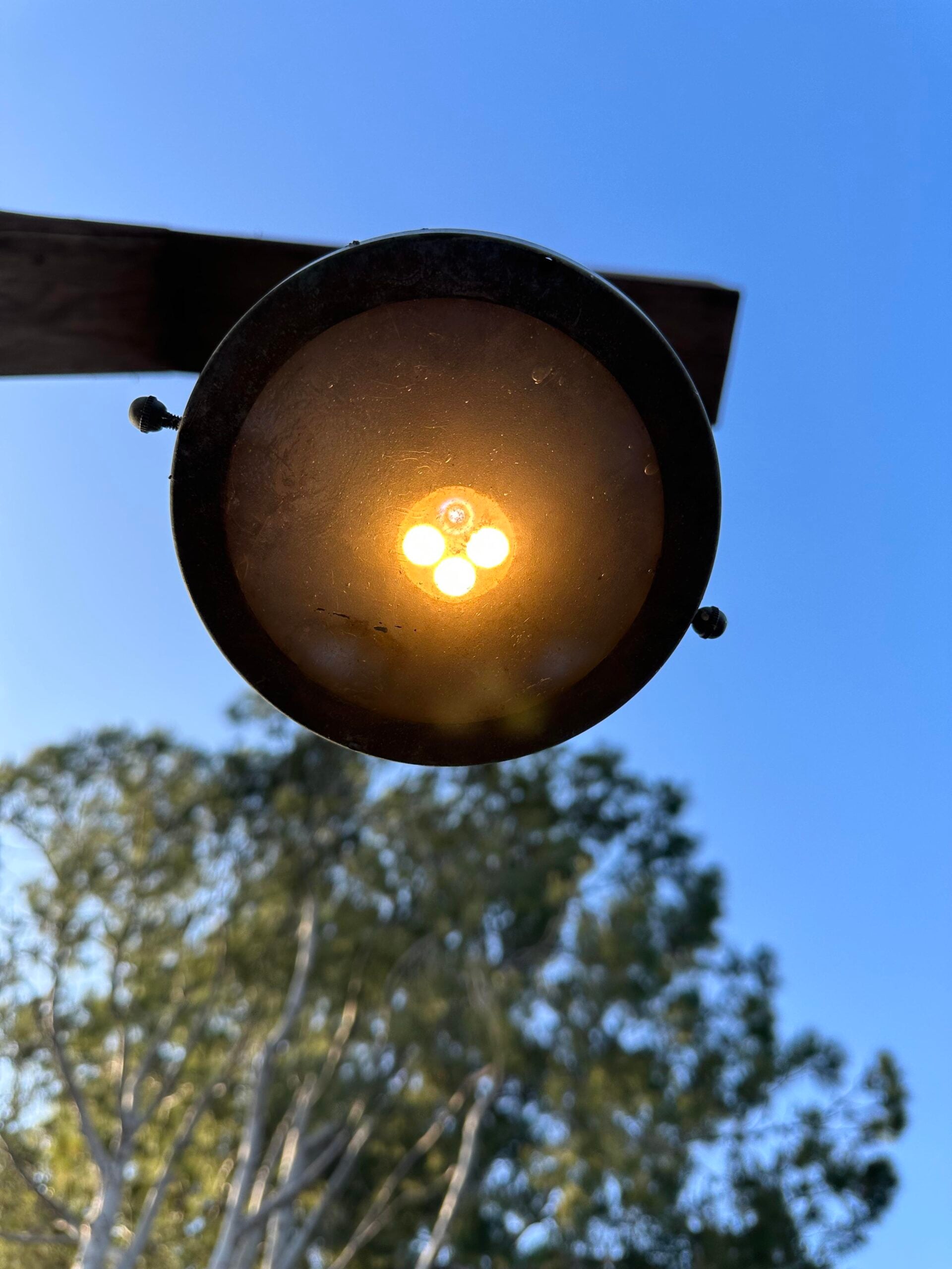 A close-up of a glowing outdoor lamp, photographed from below against a clear blue sky, with tree branches and leaves blurred in the background.