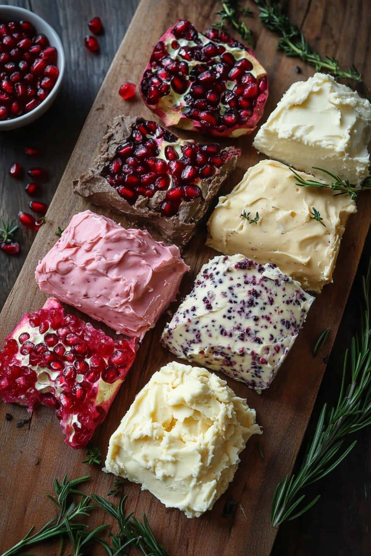 A wooden board displays six varieties of flavored butter, each topped or mixed with ingredients like pomegranate seeds, herbs, berries, or chocolate; rosemary sprigs and scattered pomegranate seeds decorate the scene.