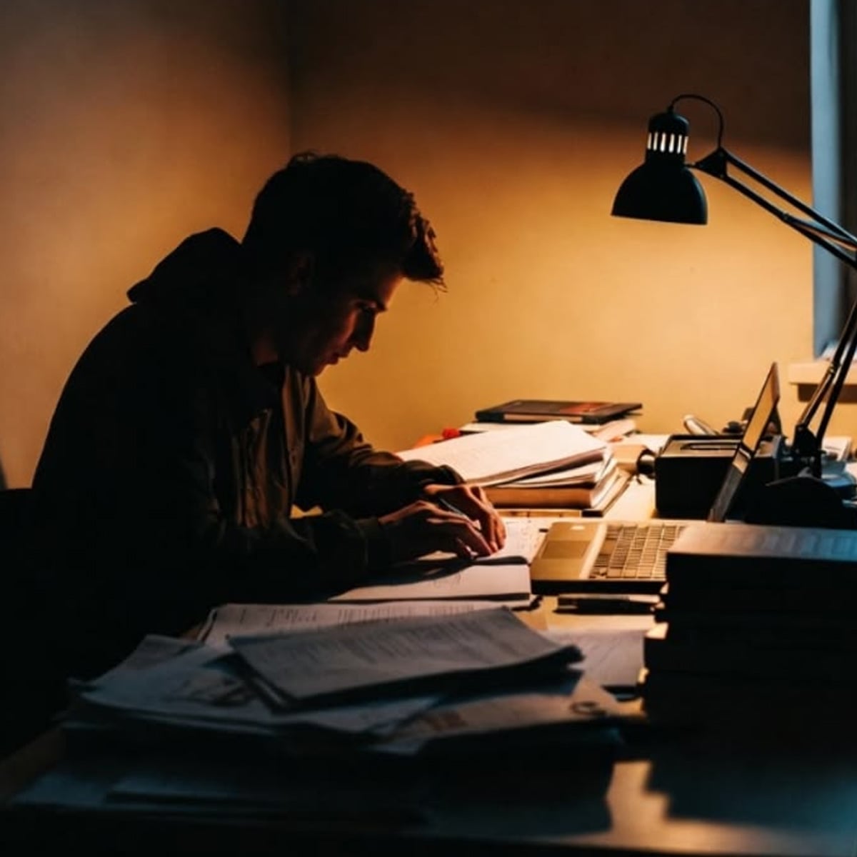 A person sits at a desk covered with books and papers, studying under the warm light of a desk lamp, with a laptop and window nearby in a dimly lit room.