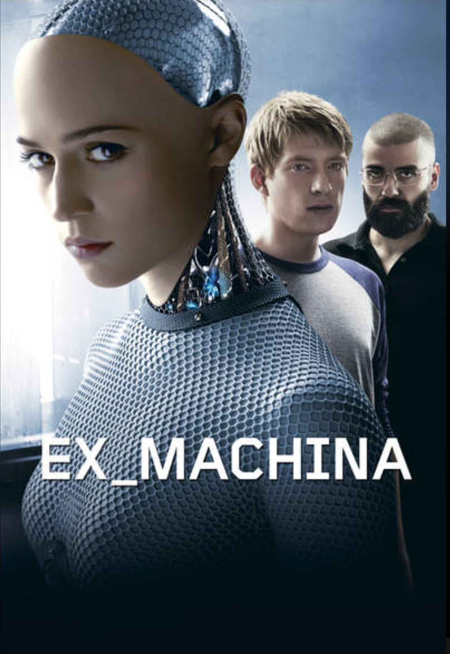 A humanoid robot stands in the foreground with two men in the background. The words "EX_MACHINA" are displayed across the image. The scene has a futuristic, sci-fi atmosphere.
