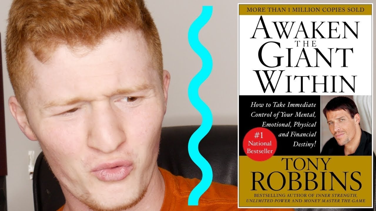 A person with red hair makes a skeptical face next to the book cover of "Awaken the Giant Within" by Tony Robbins, which features a photo of Tony Robbins and yellow, black, and blue text.