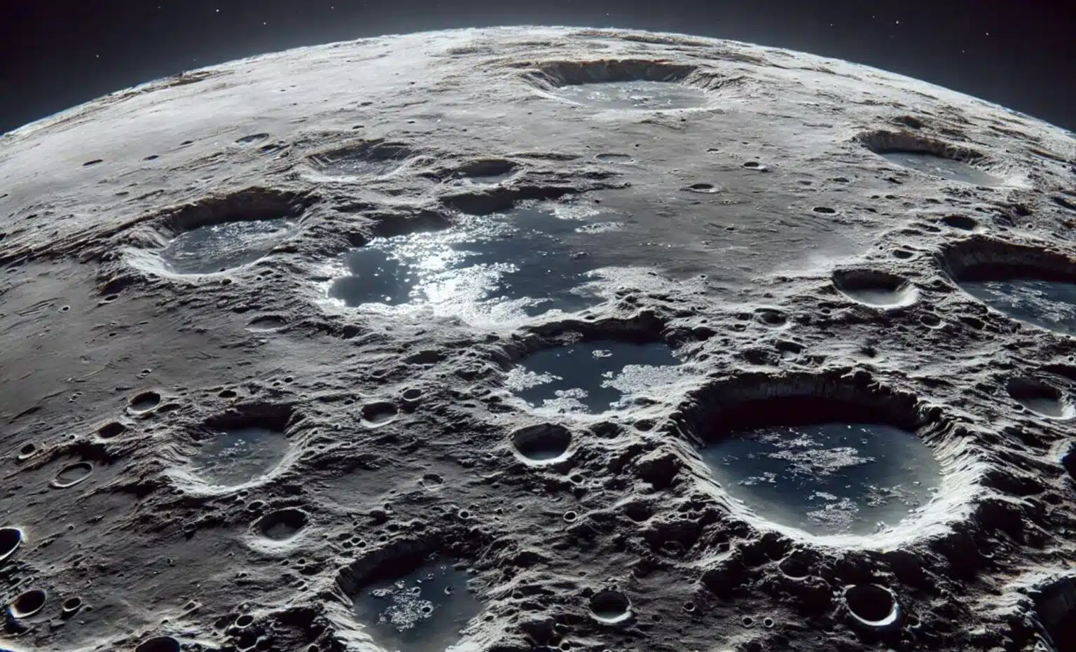 The surface of the Moon covered in craters, some of which contain reflective patches that look like pools of water, under the sunlight in space.