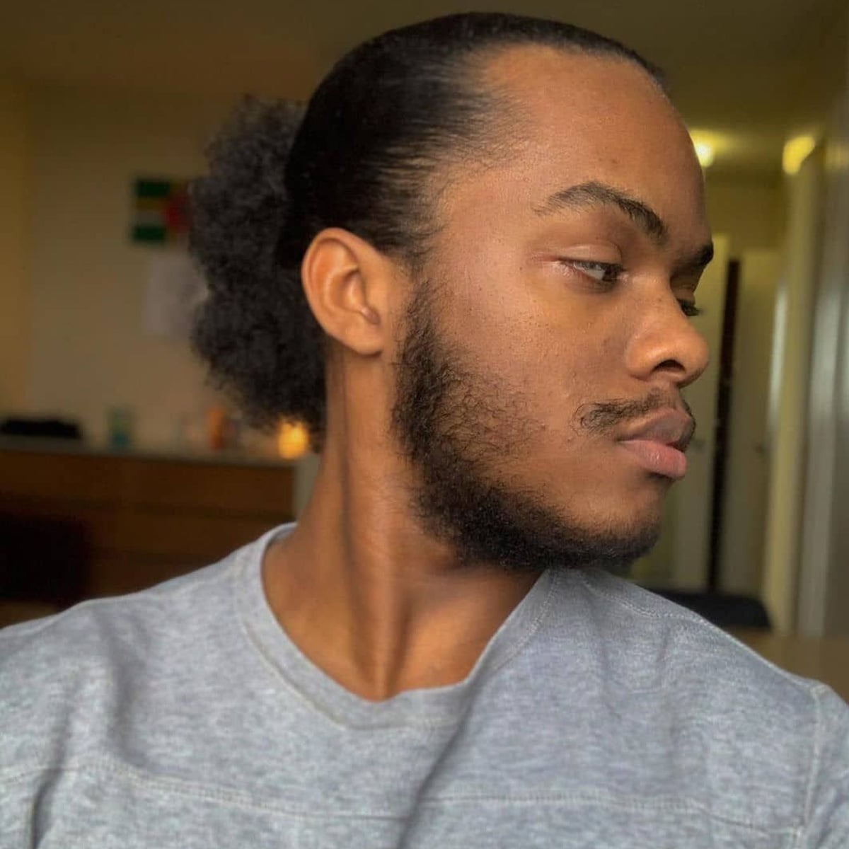 A young man with a neat beard and mustache looks to his right. He has neatly styled hair pulled back and is wearing a light gray shirt. The background shows a softly lit indoor setting with blurred furniture.