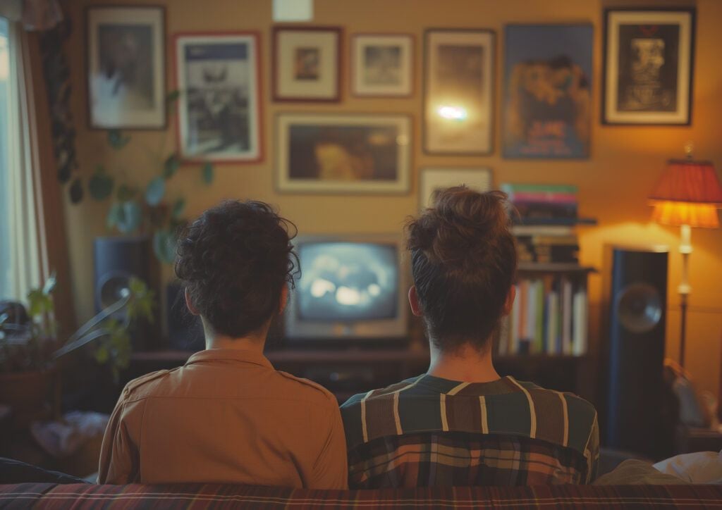 Two people with curly hair are sitting on a couch, seen from behind, watching a TV. The room is warmly lit, with framed pictures on the wall and bookshelves surrounding the television.