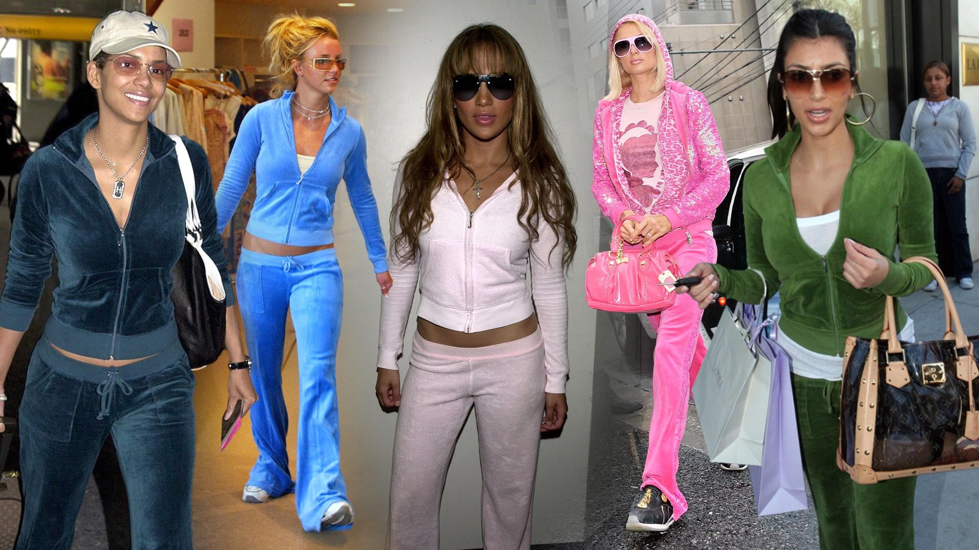 Five women wearing colorful velour tracksuits in various colors (black, blue, light pink, hot pink, green). They accessorize with sunglasses, hats, and handbags, walking or posing in urban settings.
