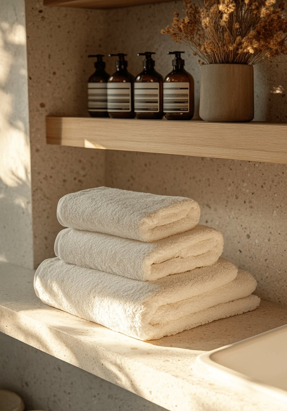 Three neatly folded white towels are stacked on a bathroom countertop. Behind them, a wooden shelf holds three amber pump bottles and a vase with dried flowers, creating a warm, cozy atmosphere.