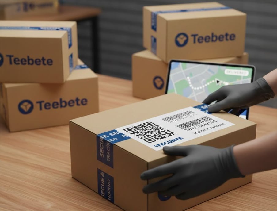 A person wearing black gloves handles a package labeled "Teebete" with a QR code and security tape. Several other Teebete boxes and a tablet showing a delivery map are on the wooden table.