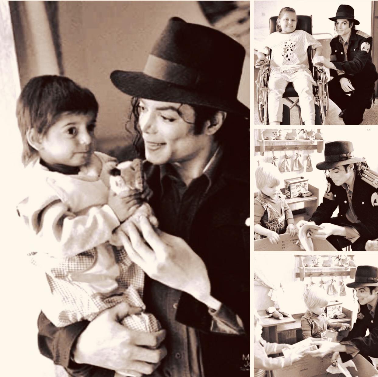 A man in a hat visits and interacts warmly with children, including holding a child, sitting with a child in a wheelchair, and playing with two children at a table. The images are in black and white.