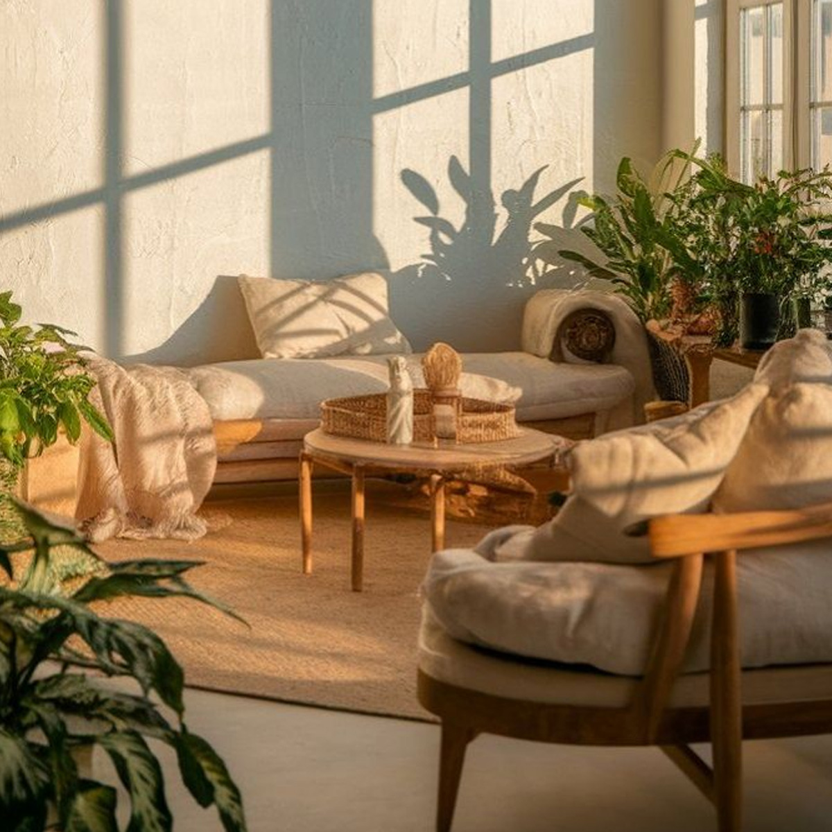 A sunlit living room with beige sofas, wooden furniture, a round coffee table, woven decor, and lush green plants; sunlight and shadows create a warm, cozy atmosphere.