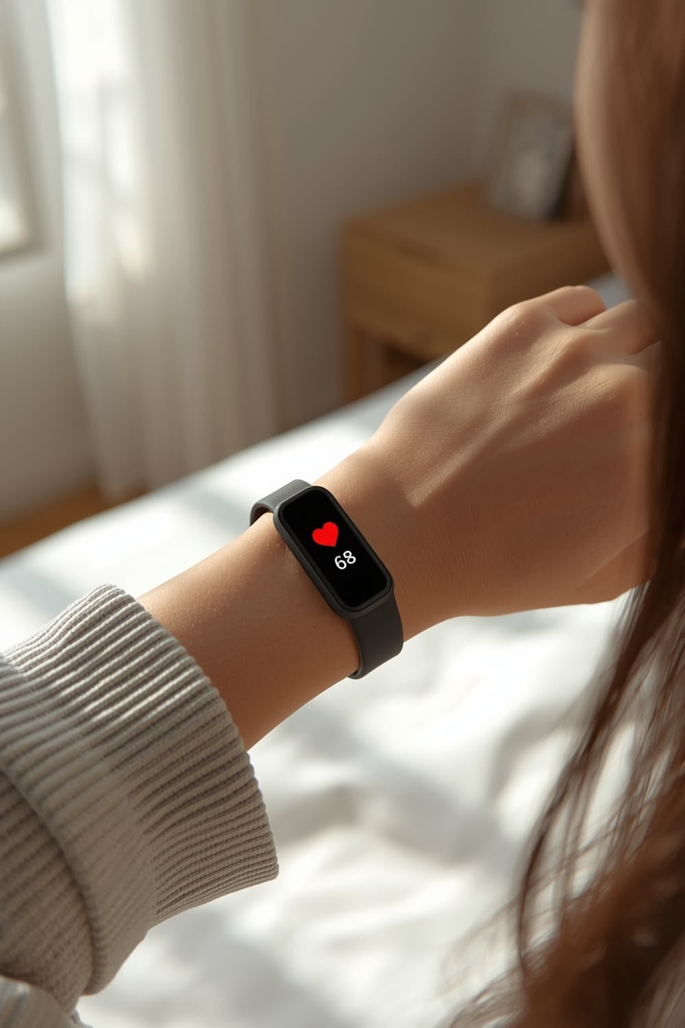 A person wearing a smartwatch on their wrist checks their heart rate, which displays as 68 with a red heart icon on the screen. The background shows a softly lit bedroom.