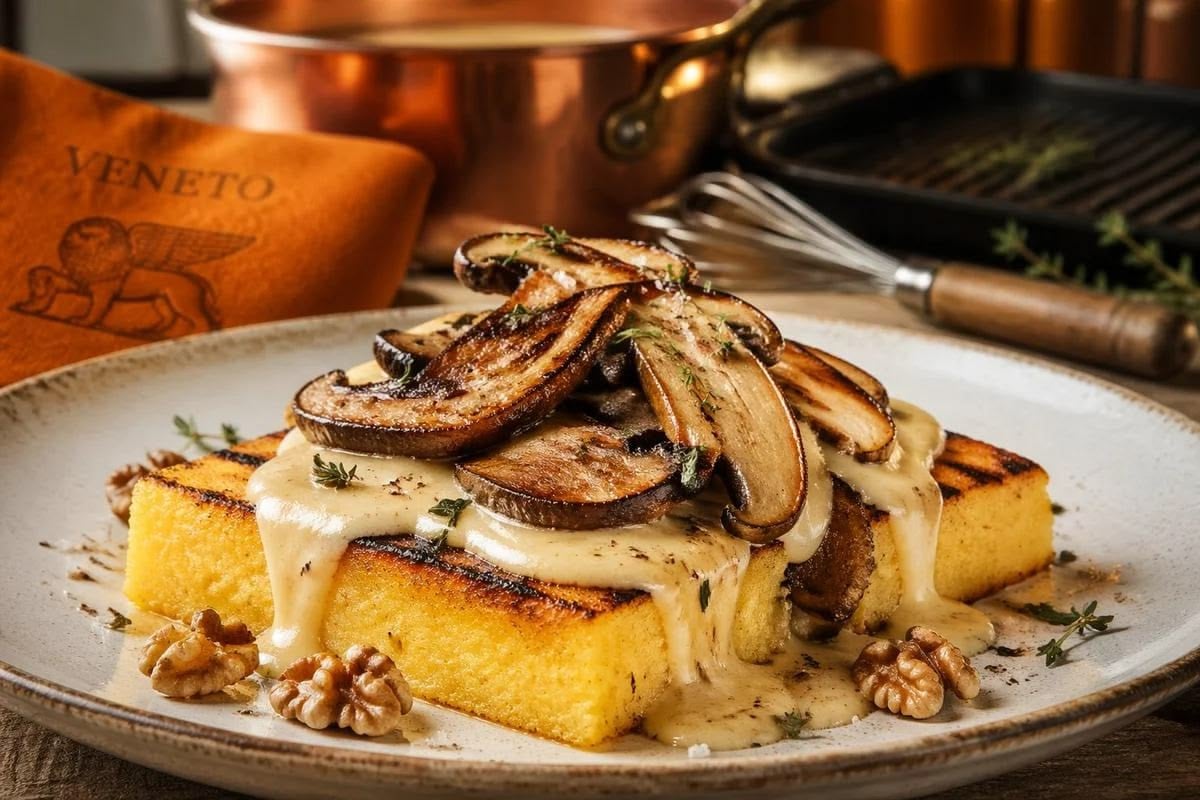 Grilled polenta squares topped with creamy sauce, sautéed mushrooms, fresh herbs, and walnuts, served on a rustic plate with a whisk, napkin, and pan in the background.