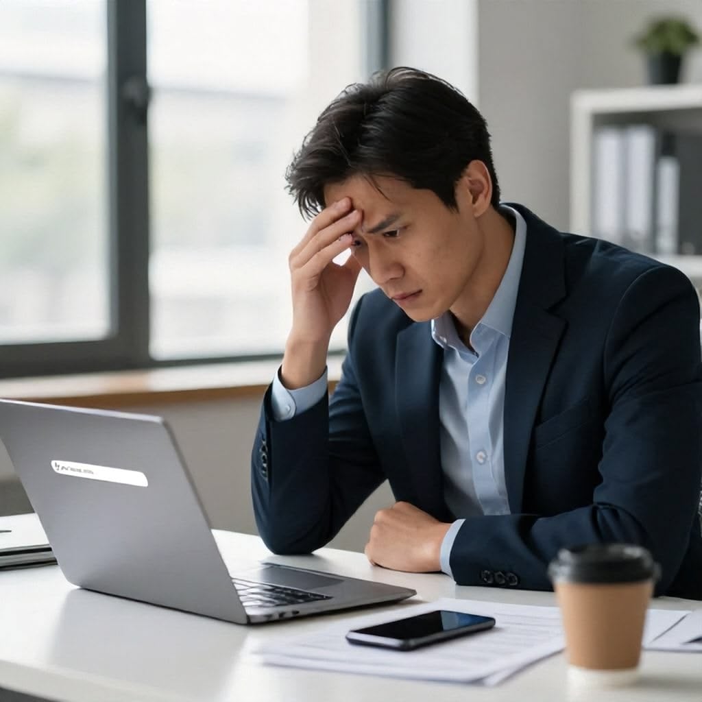 A man in a suit sits at a desk, looking stressed as he holds his forehead and stares at his laptop. Papers, a smartphone, and a coffee cup are on the desk in front of him.