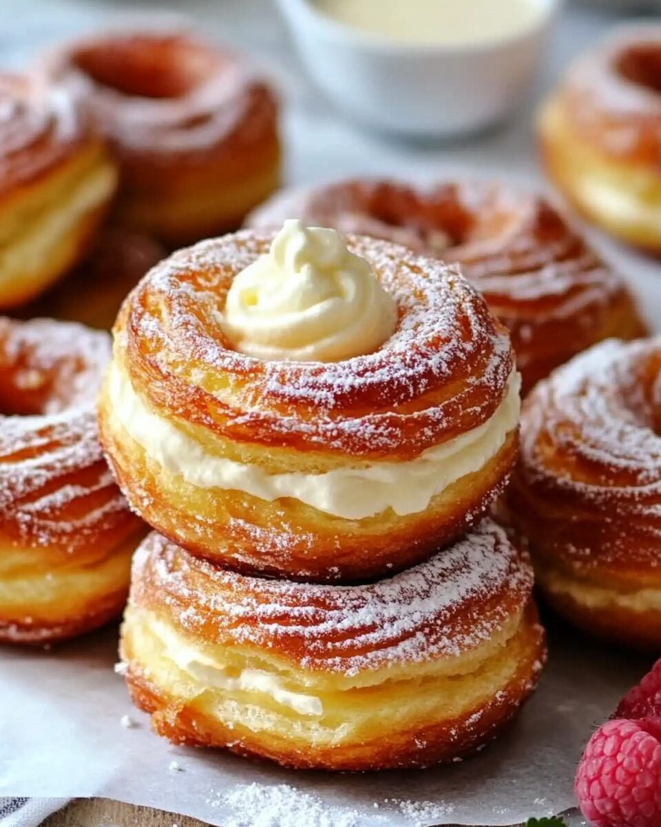 Two cronut pastries, filled and topped with cream and dusted with powdered sugar, are stacked on each other. More cronuts and a few raspberries are visible in the background.