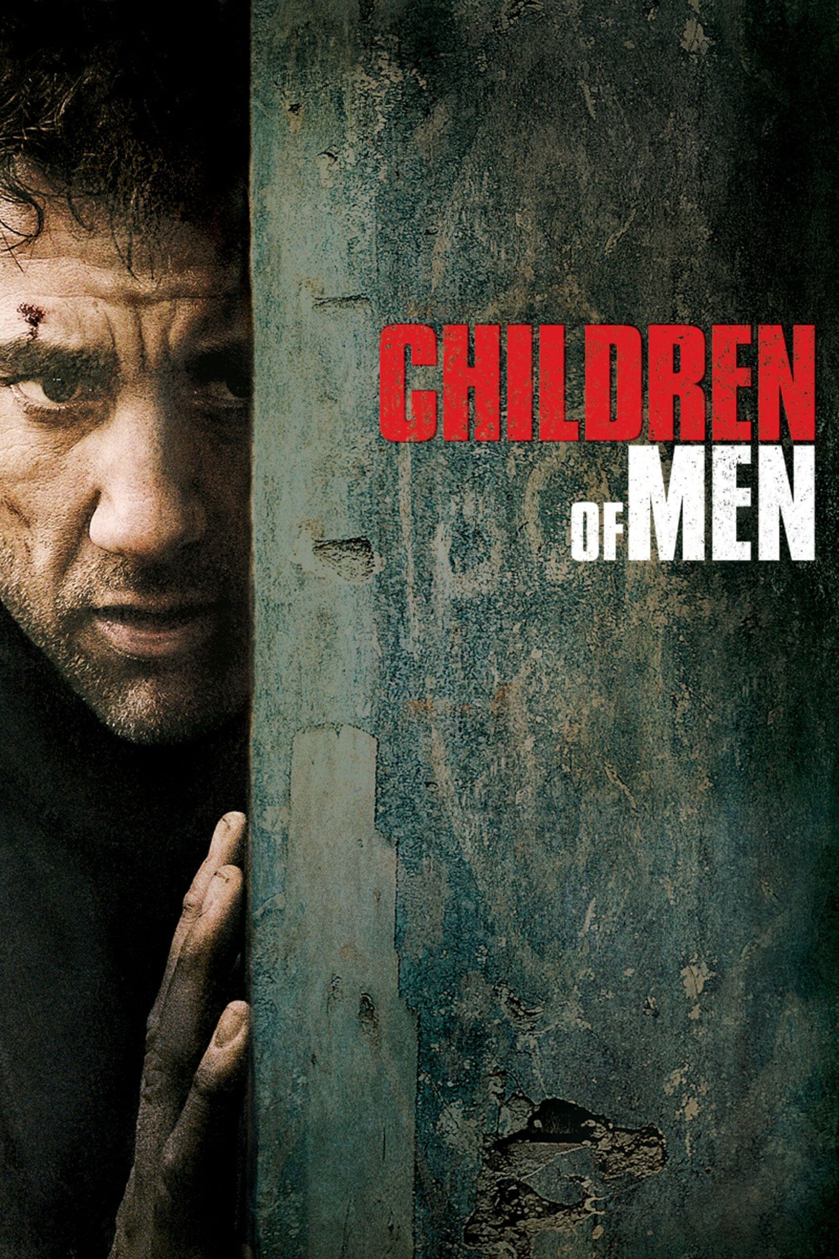A distressed man peers from behind a weathered wall, his face partially shadowed. The bold text "CHILDREN OF MEN" appears on the right side against a rough blue-gray background.