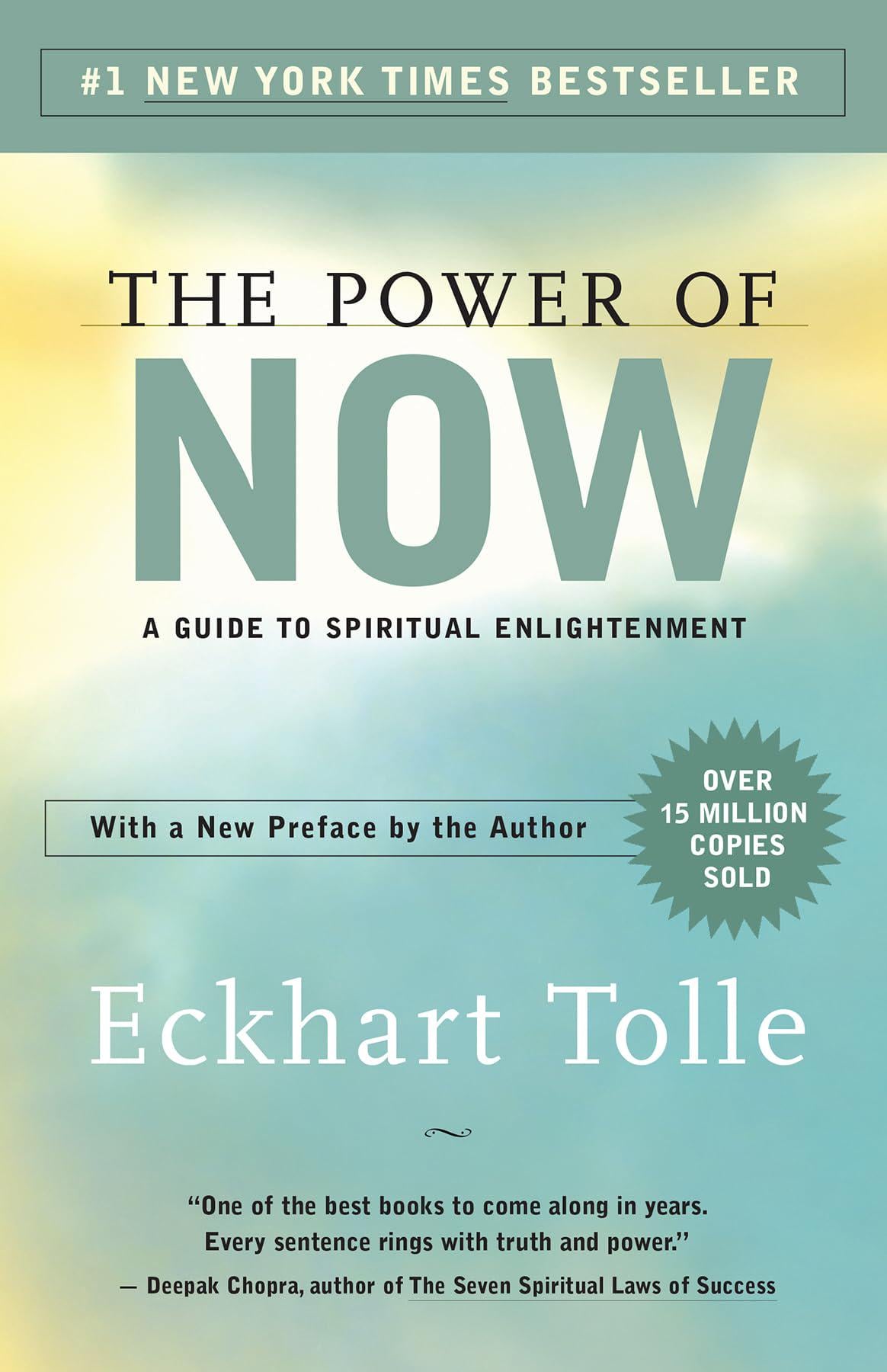 Book cover of "The Power of Now: A Guide to Spiritual Enlightenment" by Eckhart Tolle, featuring a serene blue and yellow gradient background and highlighting over 15 million copies sold.