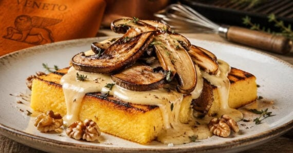 Grilled polenta squares topped with creamy sauce, saut&eacute;ed mushrooms, fresh thyme, and walnuts on a white plate. A whisk and orange cloth are in the background.