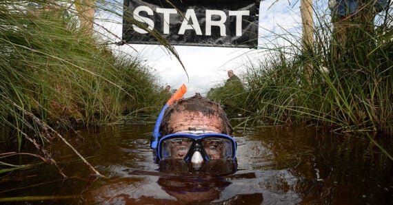 A person wearing goggles and a snorkel is submerged in muddy water, surrounded by tall grass, with only their face visible below a "START" sign at the edge of a race or event.