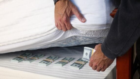 A person hides several stacks of U.S. hundred-dollar bills under a mattress, lifting the mattress with one hand and placing the cash with the other.